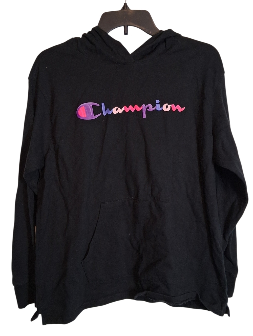 Champion Black Hooded Long Sleeve Shirt Pullover Pastel Logo - Size Large